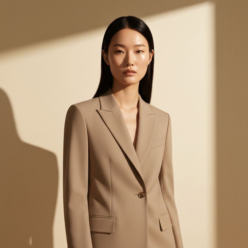 AI-generated editorial fashion model in structured beige blazer
