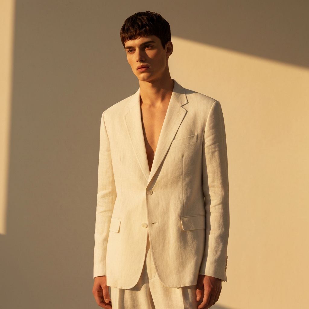 Male model in relaxed off-white linen suit